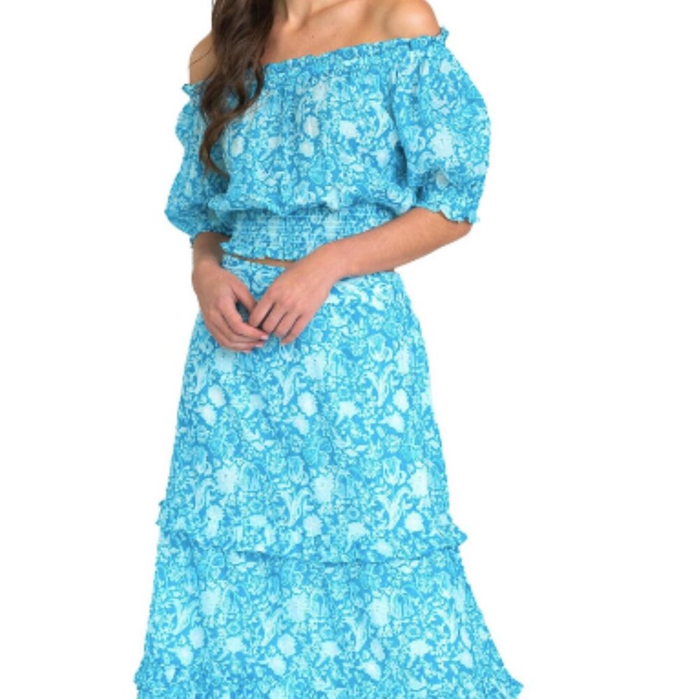 Olivia James Lindsay Skirt & Crop Top Matching Set, Floral Aqua Blue Size Medium